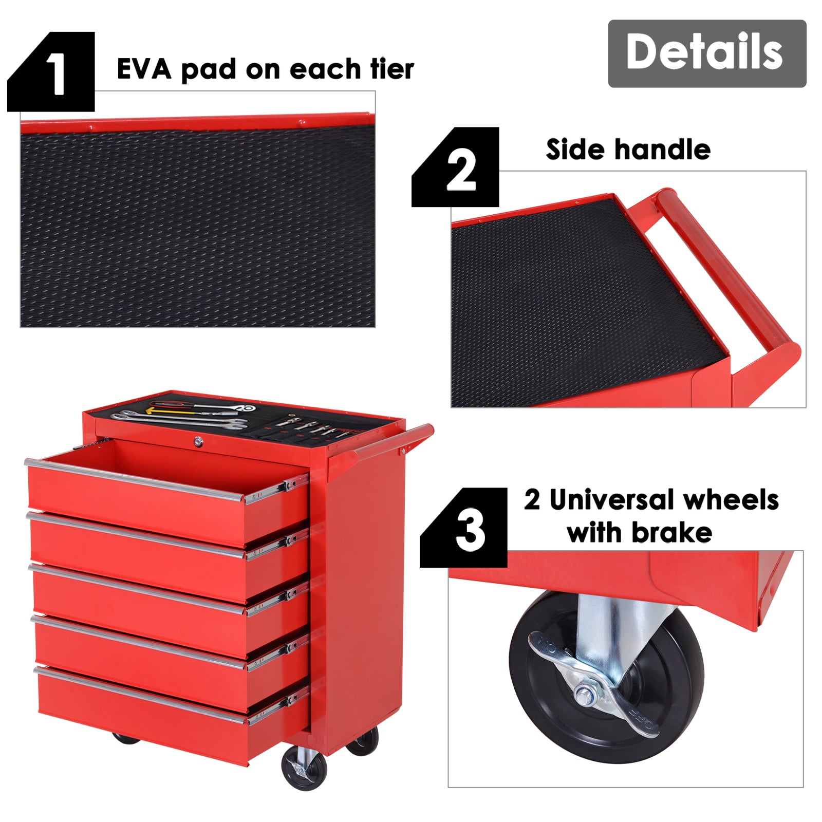 5-Drawer Rolling Steel Tool Chest - Red 27"L x 30"H-DECOROLALA