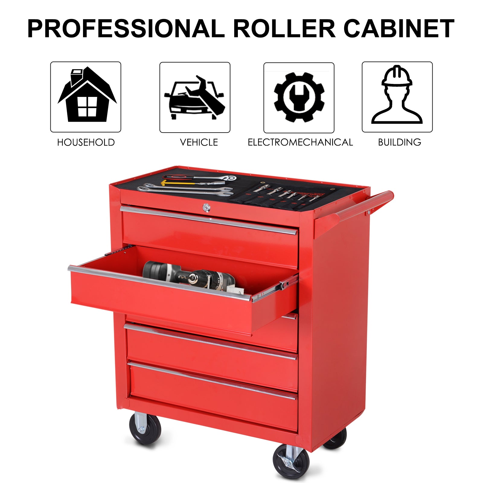 5-Drawer Rolling Steel Tool Chest - Red 27"L x 30"H-DECOROLALA