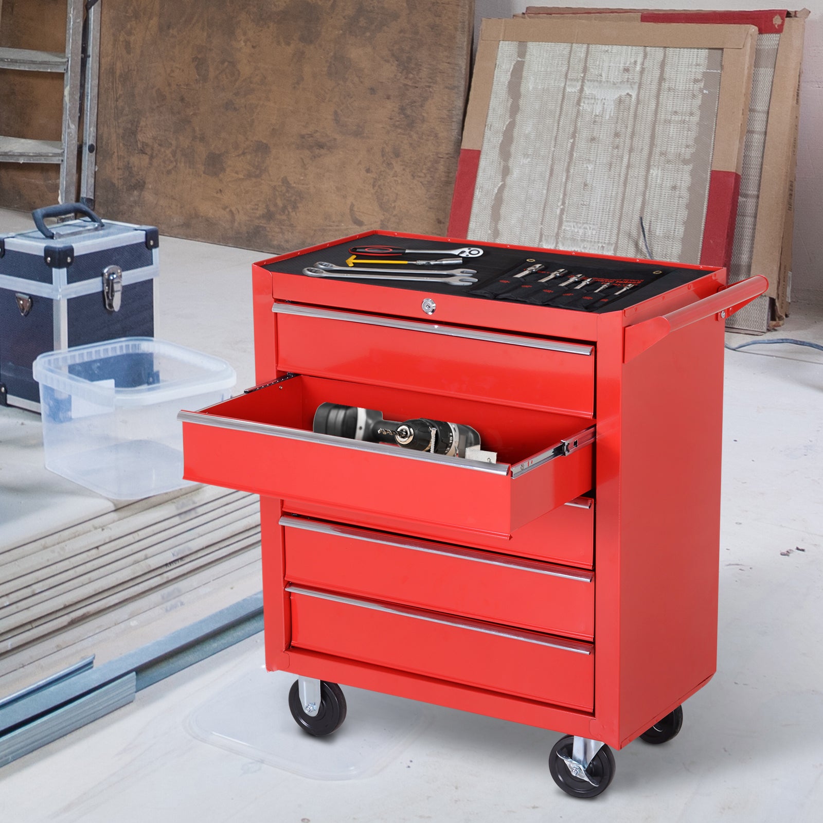 5-Drawer Rolling Steel Tool Chest - Red 27"L x 30"H-DECOROLALA