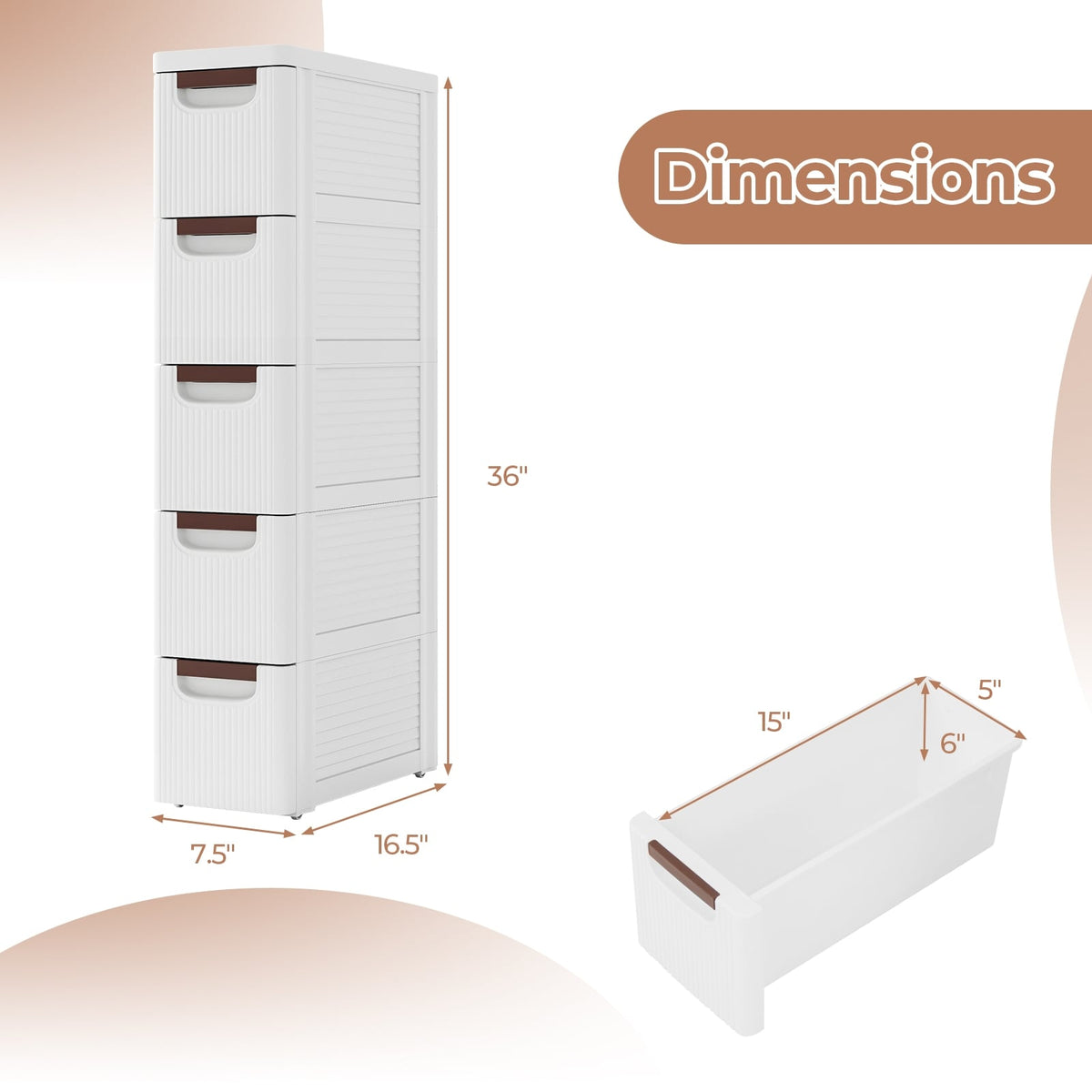 5-Drawer Rolling Storage Cabinet - White PP (min order qty 2)-Dressers & Chests-DECOROLALA