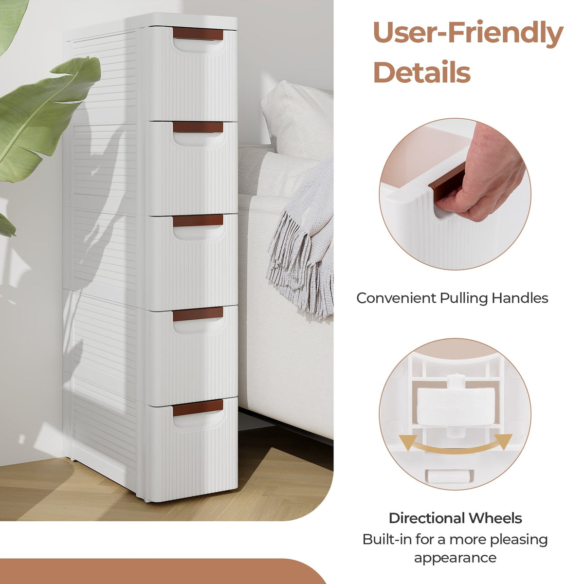 5-Drawer Rolling Storage Cabinet - White PP (min order qty 2)-Dressers & Chests-DECOROLALA