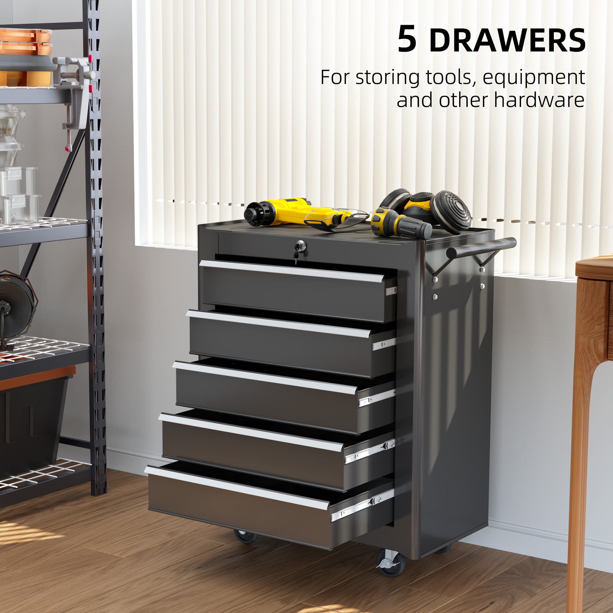 5-Drawer Rolling Tool Chest - Black Steel Storage Cabinet-DECOROLALA
