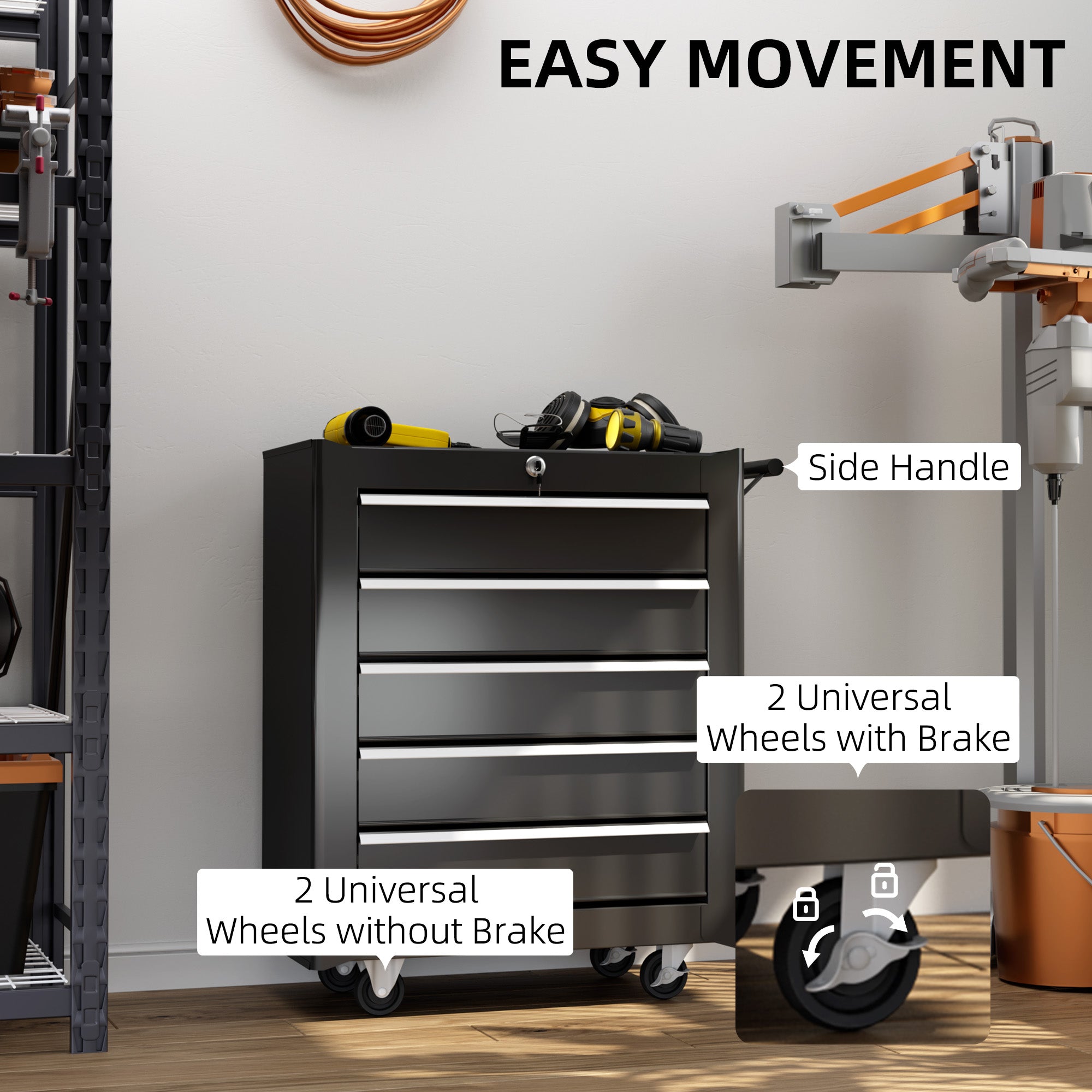 5-Drawer Rolling Tool Chest - Black Steel Storage Cabinet-DECOROLALA