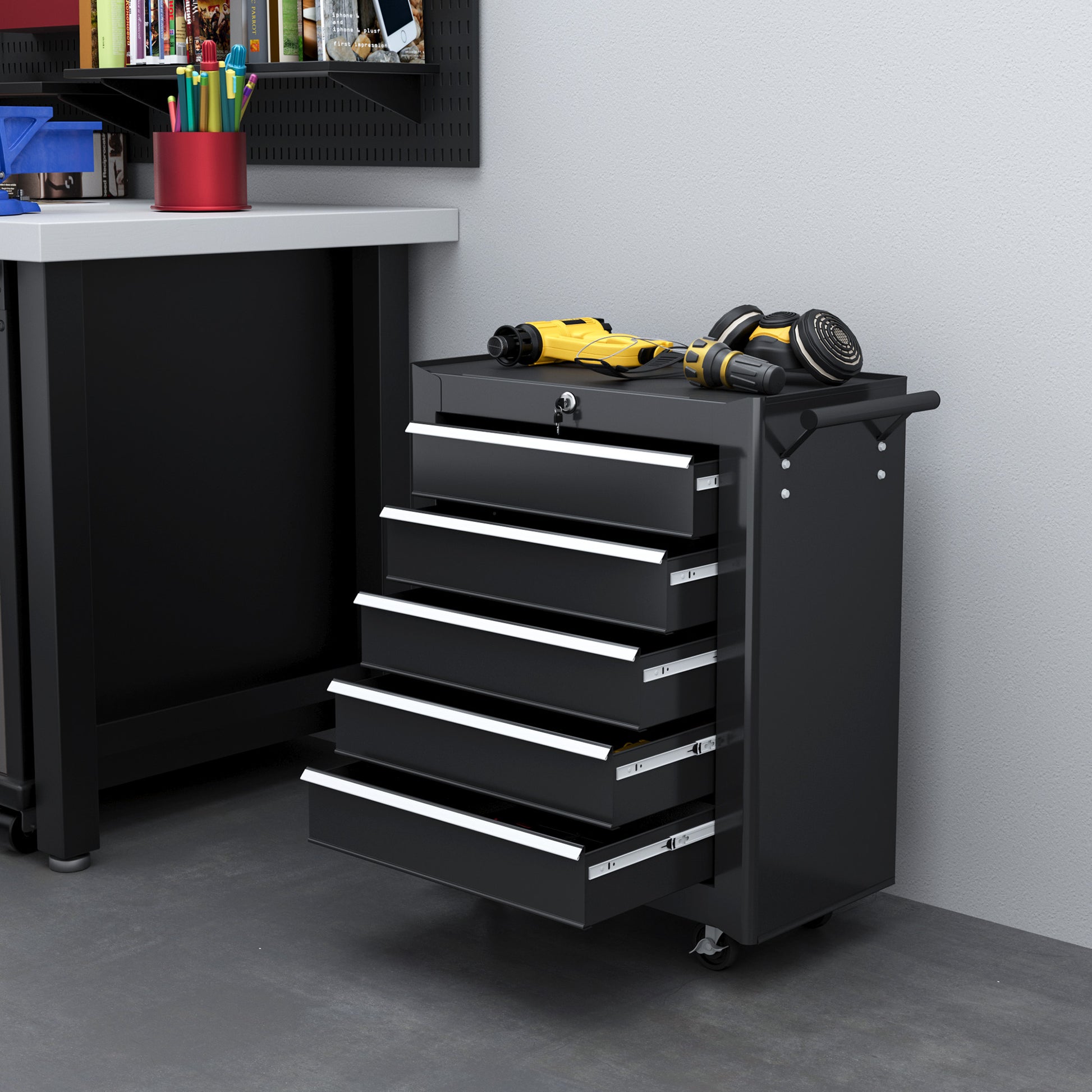 5-Drawer Rolling Tool Chest - Black Steel Storage Cabinet-DECOROLALA