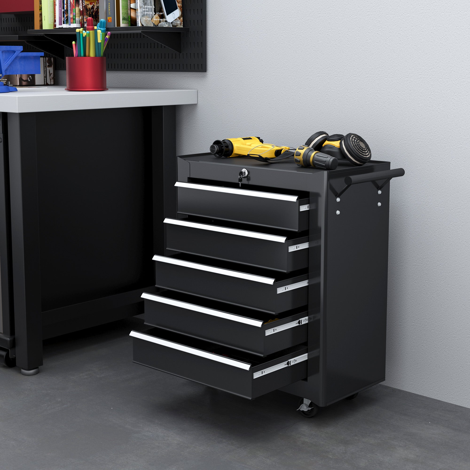 5-Drawer Rolling Tool Chest - Black Steel Storage Cabinet-DECOROLALA
