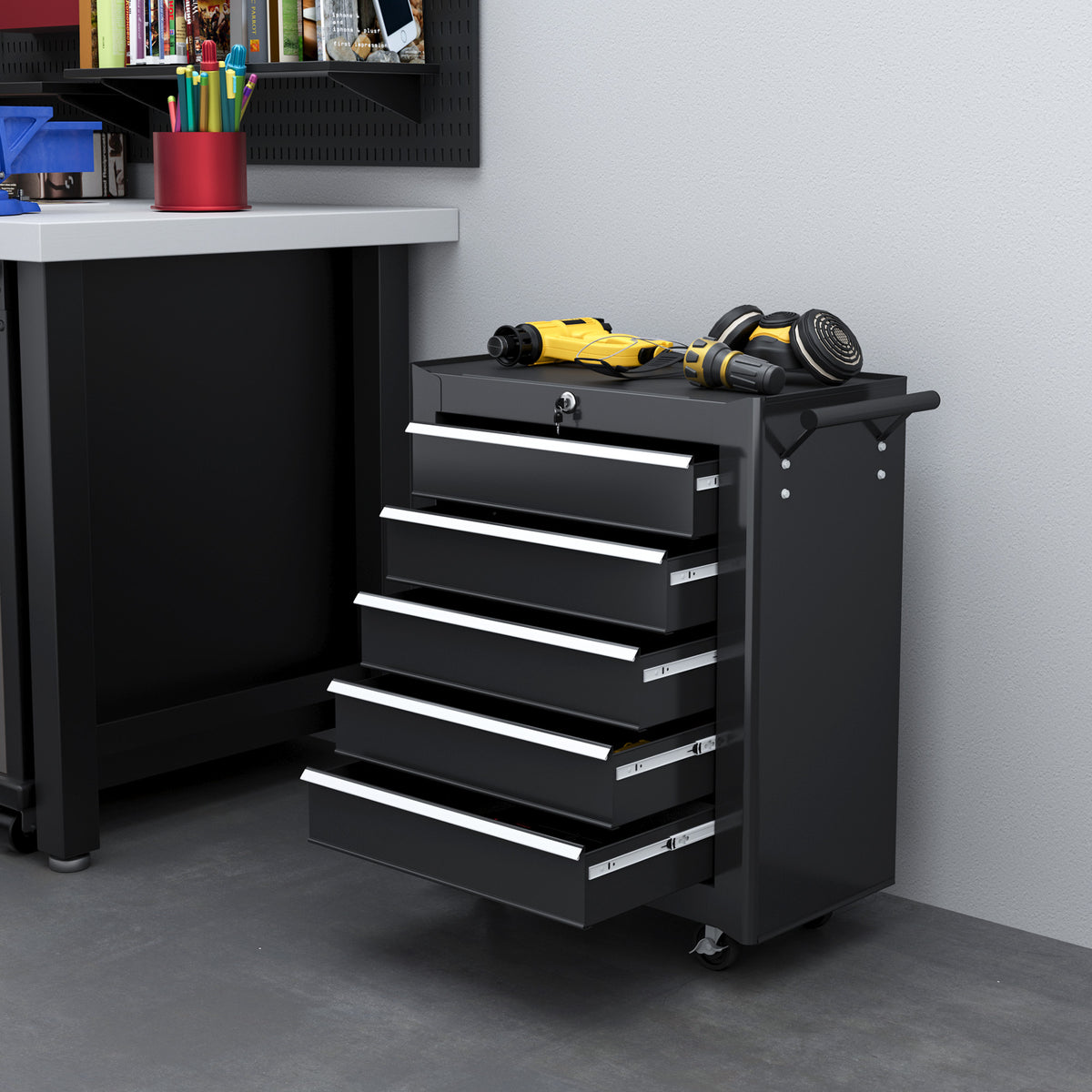 5-Drawer Rolling Tool Chest - Black Steel Storage Cabinet-DECOROLALA