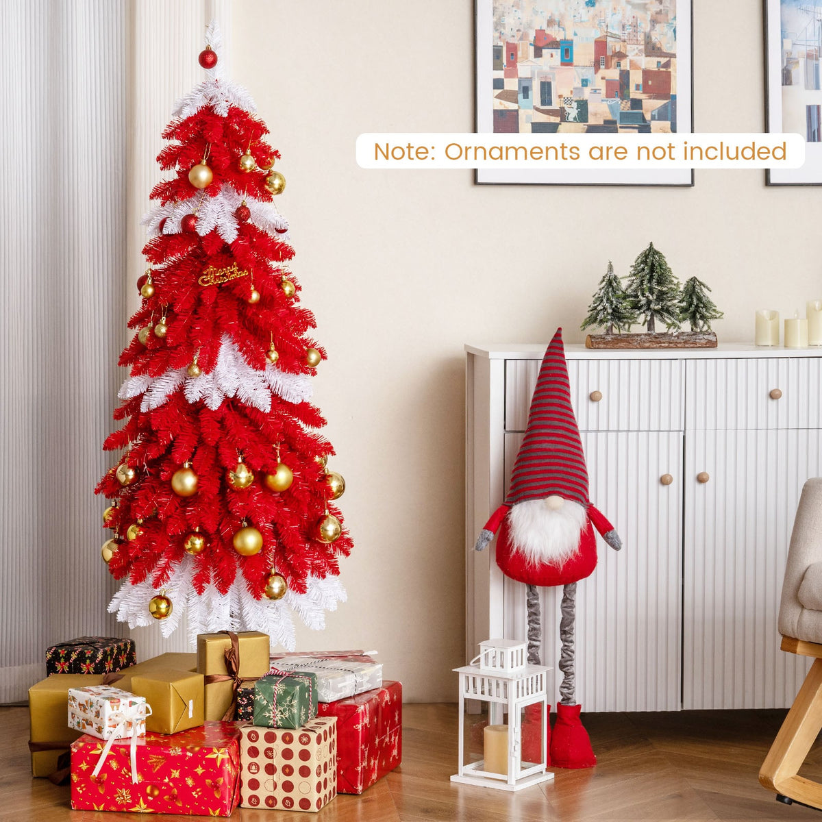 5 FT Artificial Christmas Tree Pre-lit Xmas Trees with 301 Red and White Branch Tips-Christmas Trees-DECOROLALA