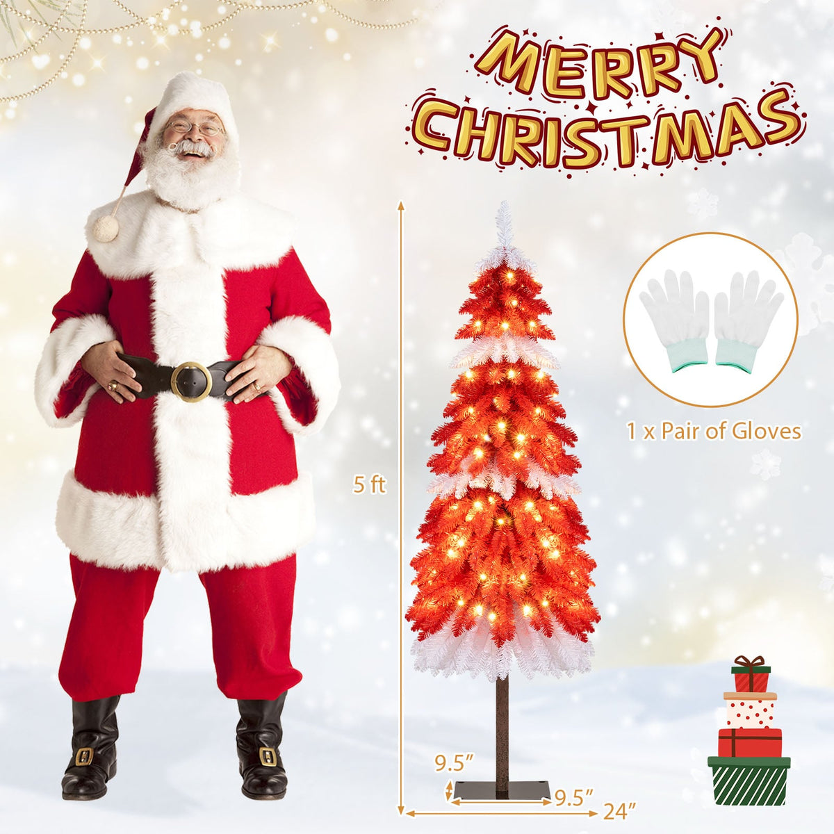 5 FT Artificial Christmas Tree Pre-lit Xmas Trees with 301 Red and White Branch Tips-Christmas Trees-DECOROLALA