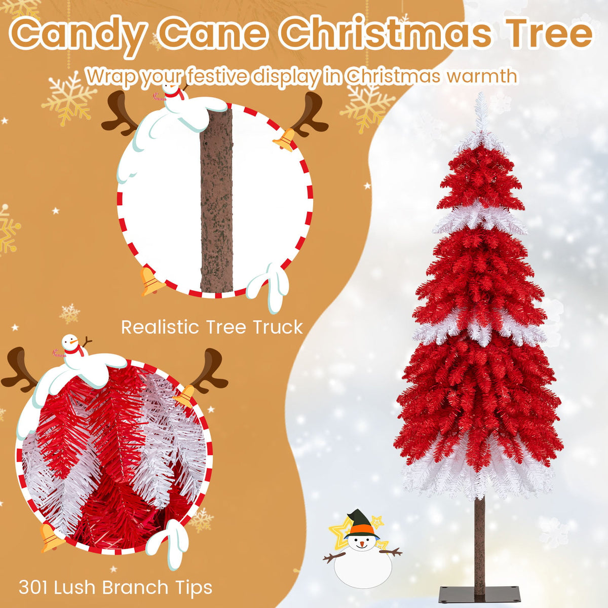 5 FT Artificial Christmas Tree Pre-lit Xmas Trees with 301 Red and White Branch Tips-Christmas Trees-DECOROLALA