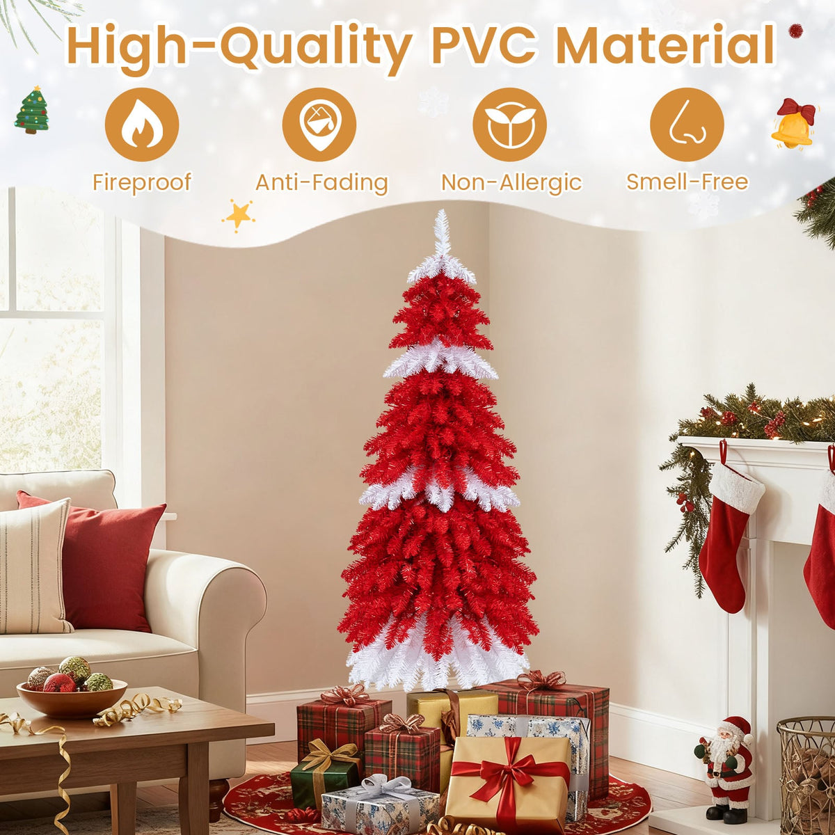 5 FT Artificial Christmas Tree Pre-lit Xmas Trees with 301 Red and White Branch Tips-Christmas Trees-DECOROLALA