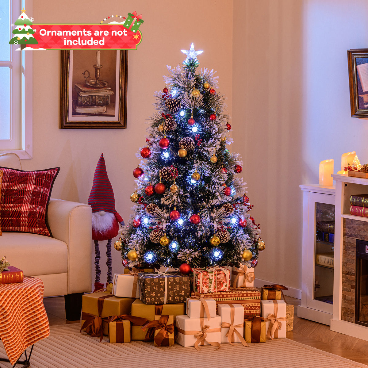 5 FT Flocked Christmas Tree with 8 Lighting Modes-Christmas Trees-DECOROLALA