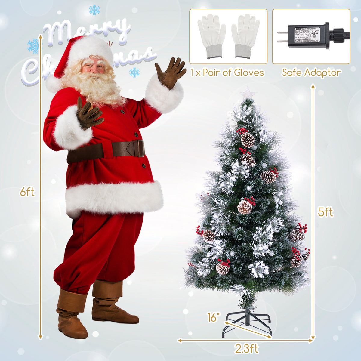 5 FT Flocked Christmas Tree with 8 Lighting Modes-Christmas Trees-DECOROLALA