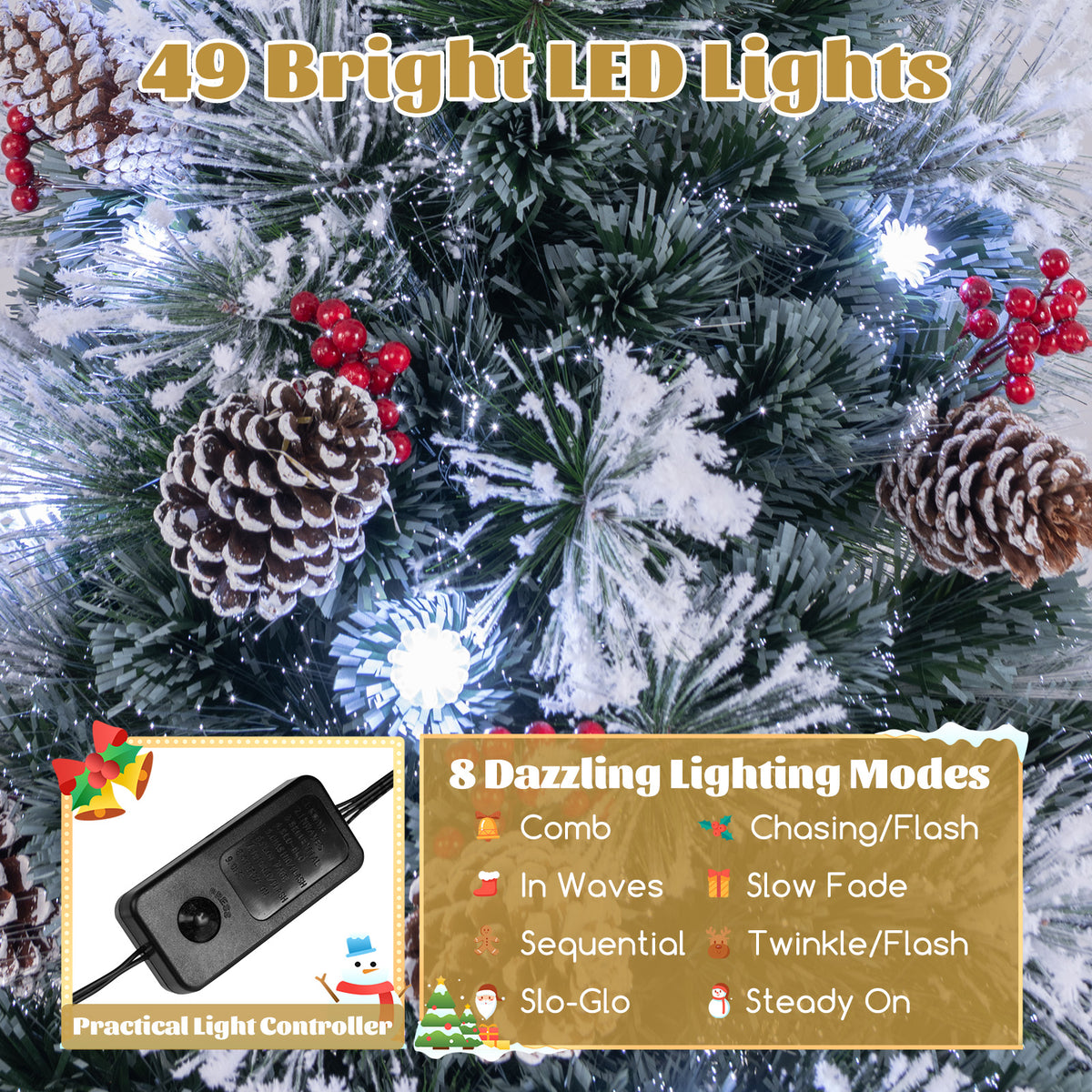 5 FT Flocked Christmas Tree with 8 Lighting Modes-Christmas Trees-DECOROLALA