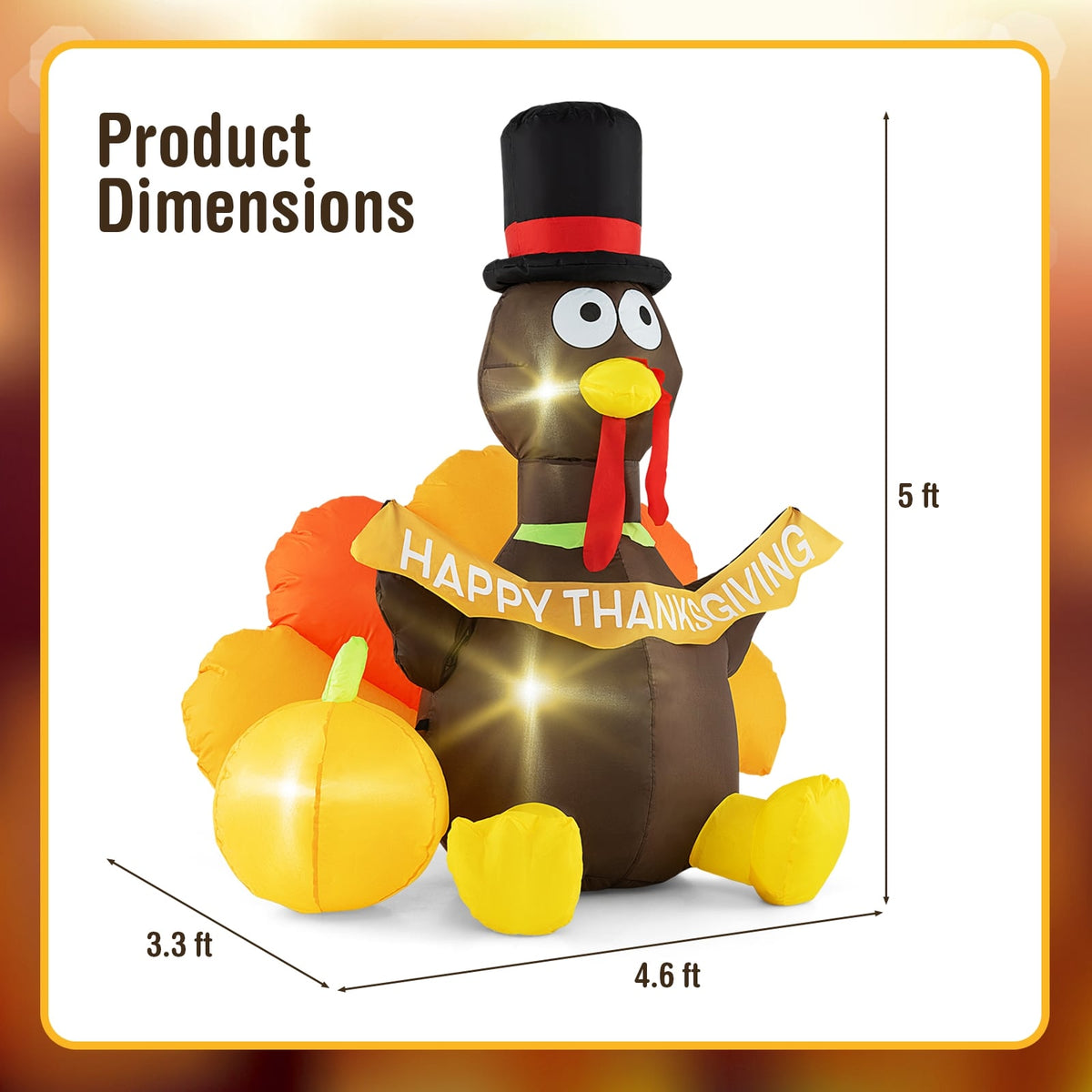 5 FT Inflatable Turkey with Pumpkin and LED Lights for Indoor Party-Thanksgiving Decorations-DECOROLALA
