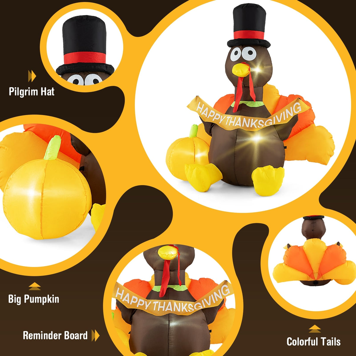 5 FT Inflatable Turkey with Pumpkin and LED Lights for Indoor Party-Thanksgiving Decorations-DECOROLALA
