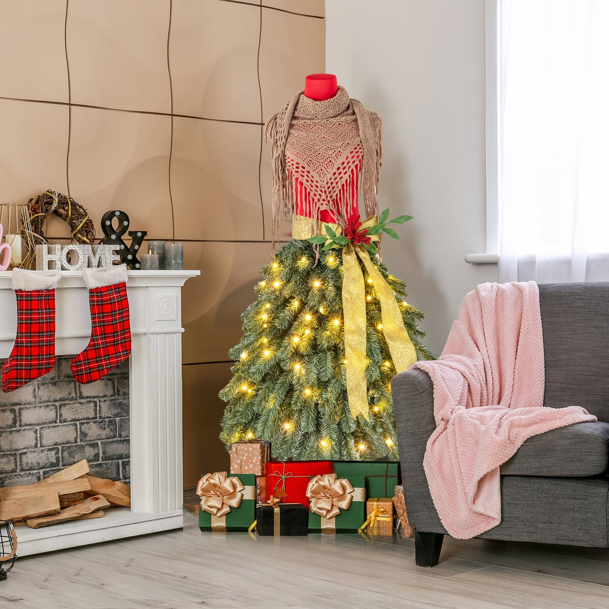 5 FT Pre-lit Mannequin Artificial Christmas Tree Dress Form Xmas Tree-Christmas Trees-DECOROLALA