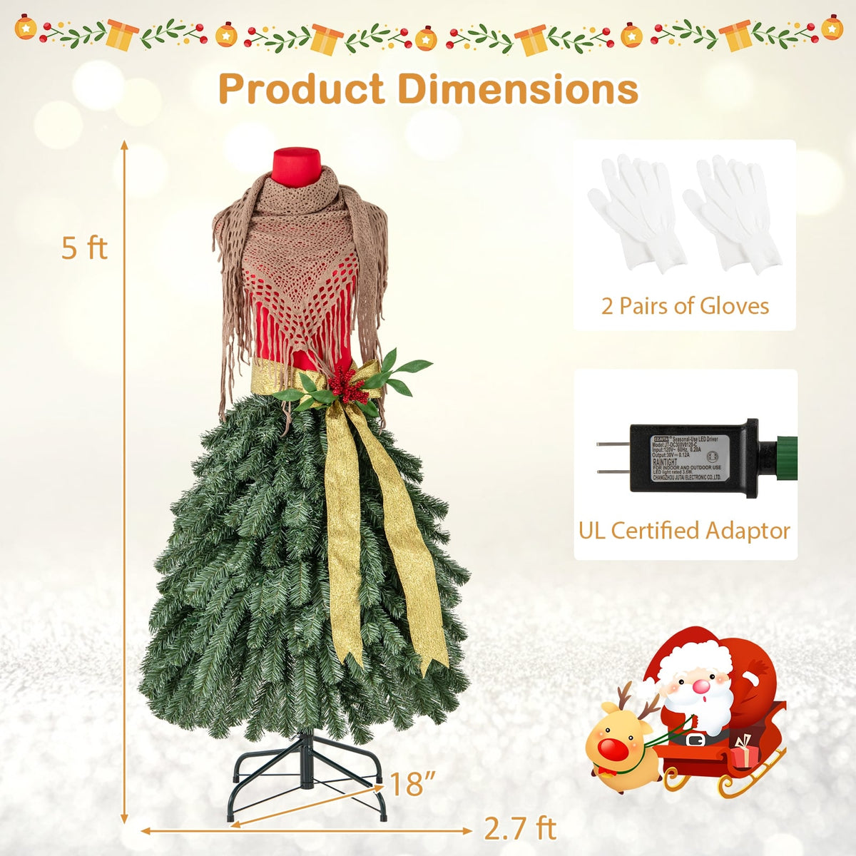 5 FT Pre-lit Mannequin Artificial Christmas Tree Dress Form Xmas Tree-Christmas Trees-DECOROLALA