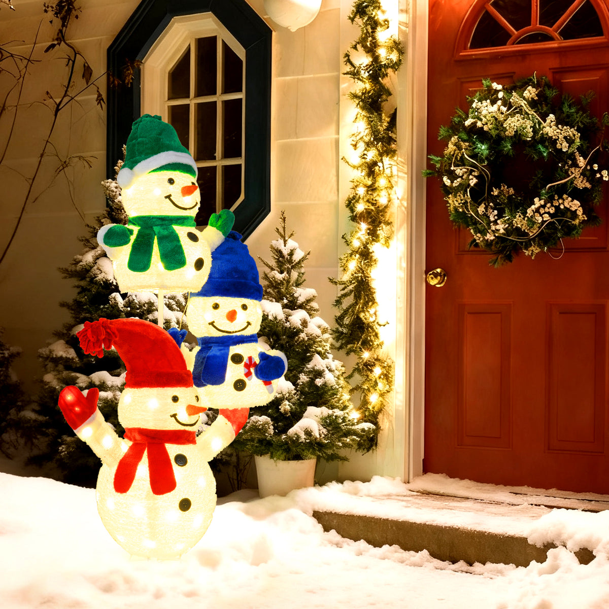 5 FT Stacked Snowman Lighted Christmas Decoration with 110 LED Lights-Christmas Decorations & Accessories-DECOROLALA