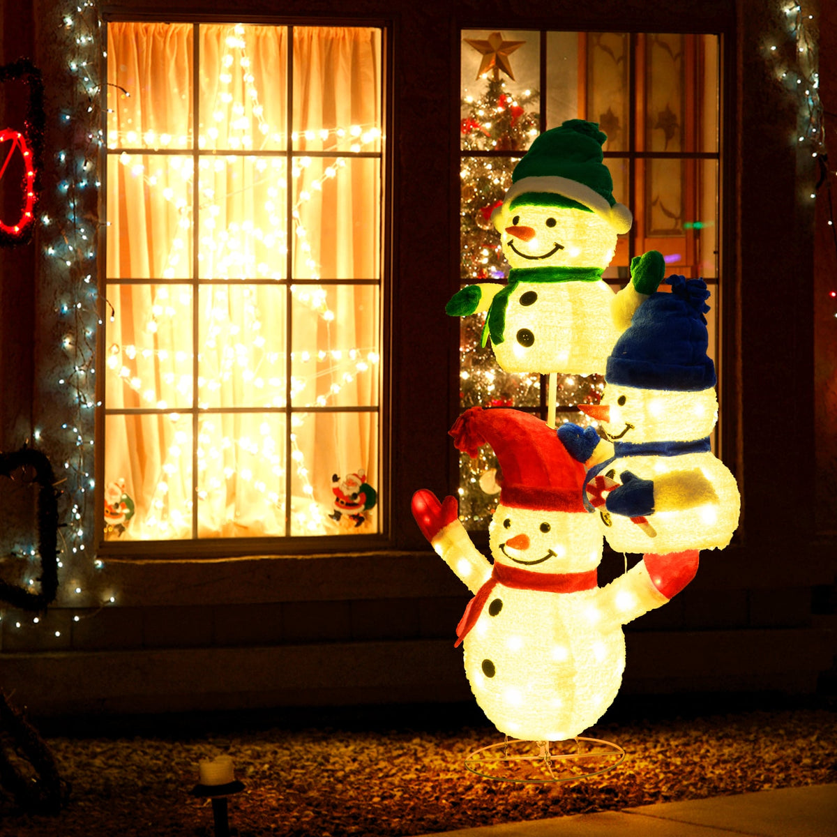 5 FT Stacked Snowman Lighted Christmas Decoration with 110 LED Lights-Christmas Decorations & Accessories-DECOROLALA