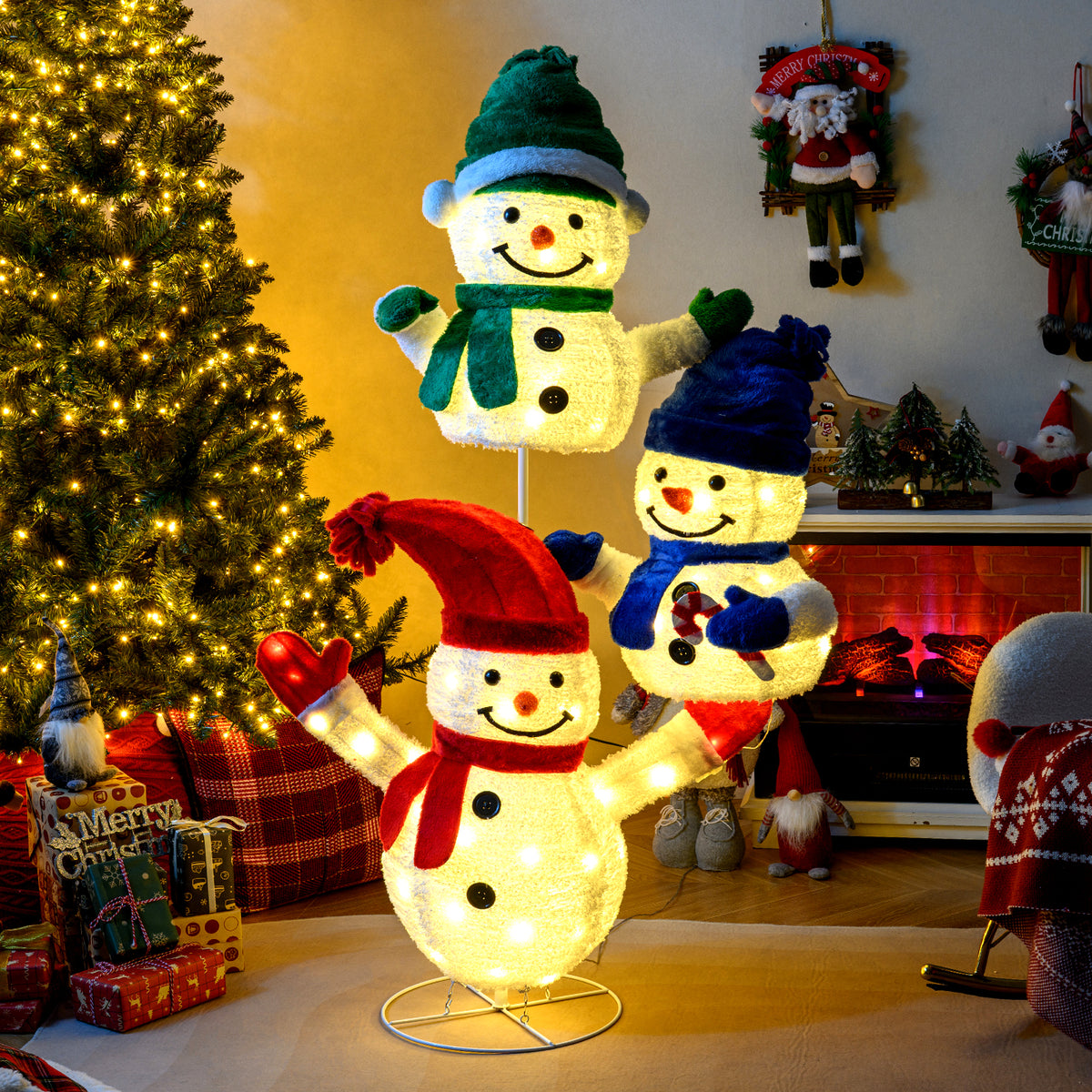 5 FT Stacked Snowman Lighted Christmas Decoration with 110 LED Lights-Christmas Decorations & Accessories-DECOROLALA