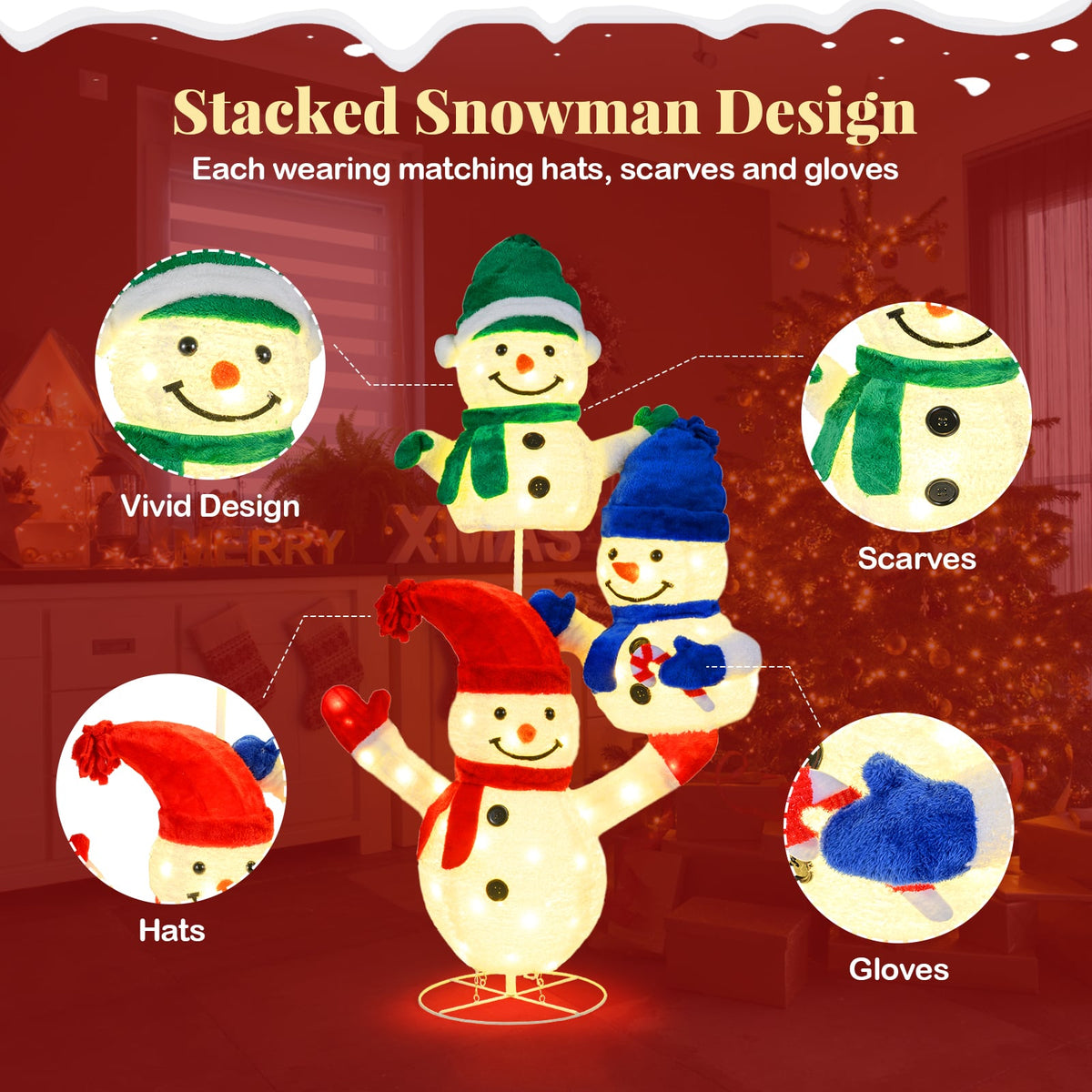 5 FT Stacked Snowman Lighted Christmas Decoration with 110 LED Lights-Christmas Decorations & Accessories-DECOROLALA
