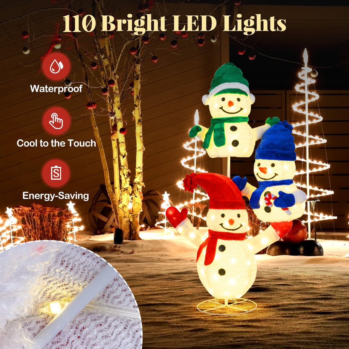 5 FT Stacked Snowman Lighted Christmas Decoration with 110 LED Lights-Christmas Decorations & Accessories-DECOROLALA