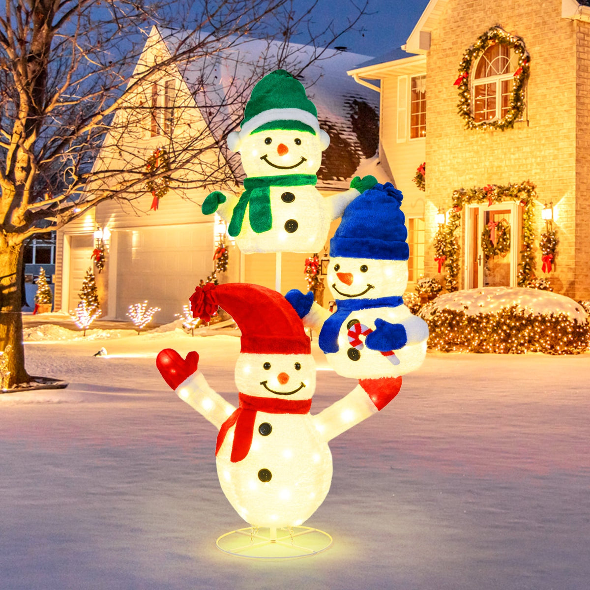 5 FT Stacked Snowman Lighted Christmas Decoration with 110 LED Lights-Christmas Decorations & Accessories-DECOROLALA