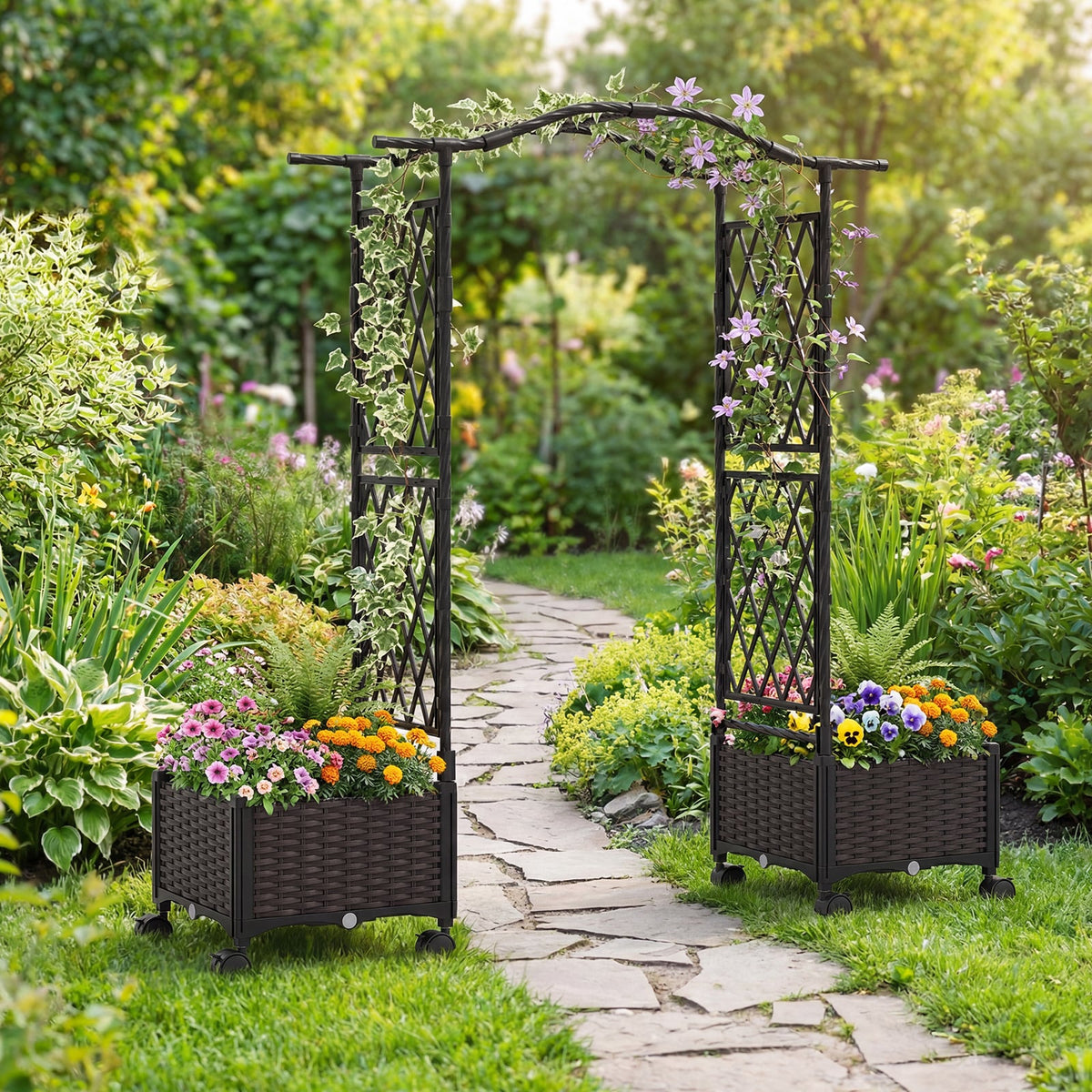 5 FT Tall Raised Garden bed with Lockable Wheels and Hanging Roof for Climbing Flowers-Brown-Raised Garden Beds-DECOROLALA