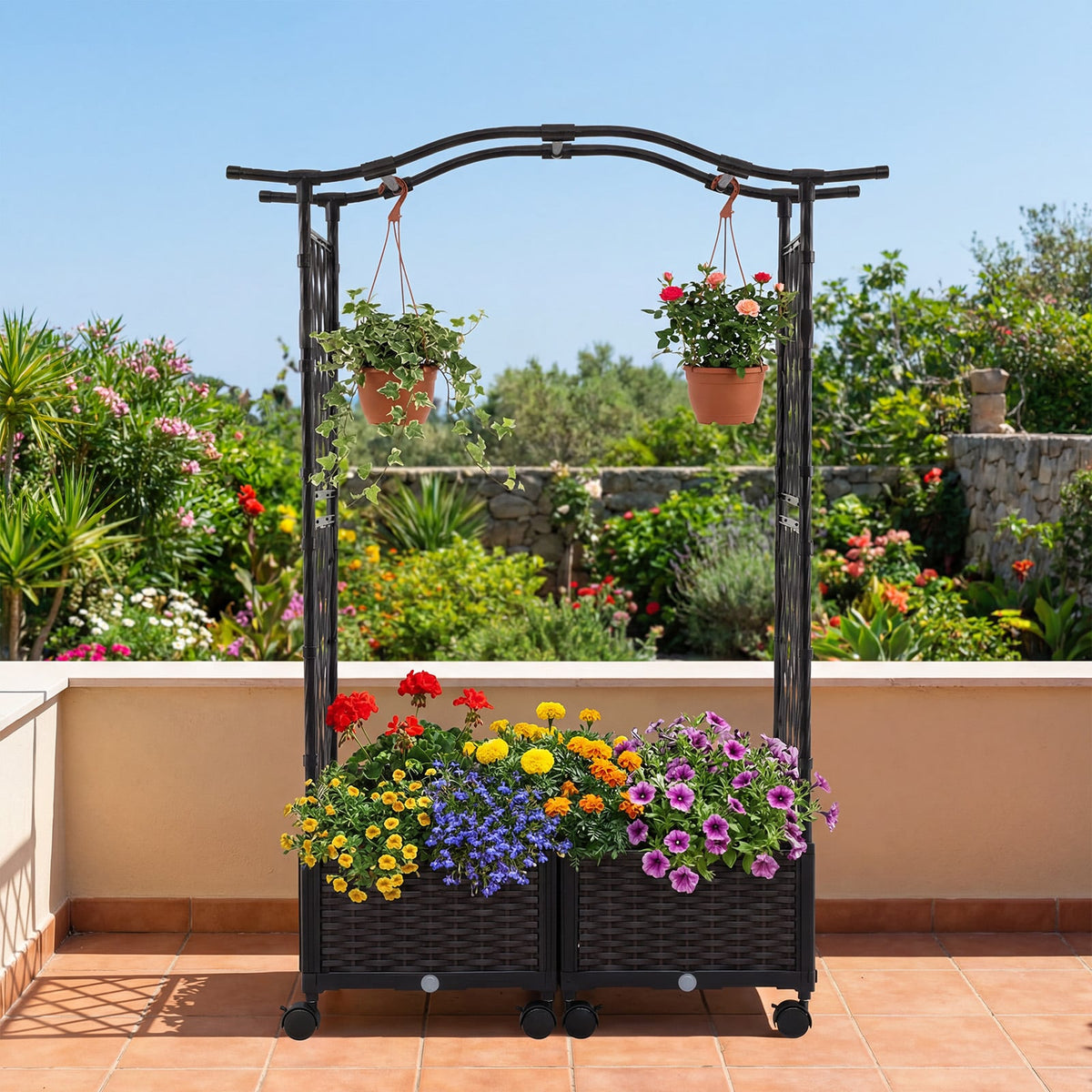 5 FT Tall Raised Garden bed with Lockable Wheels and Hanging Roof for Climbing Flowers-Brown-Raised Garden Beds-DECOROLALA