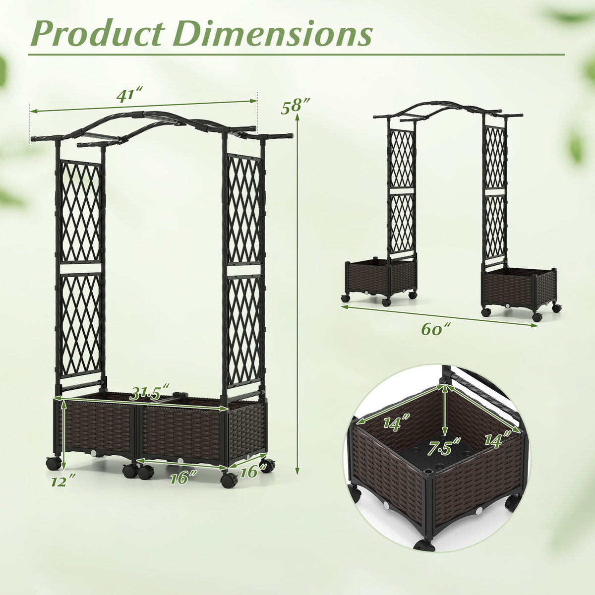 5 FT Tall Raised Garden bed with Lockable Wheels and Hanging Roof for Climbing Flowers-Brown-Raised Garden Beds-DECOROLALA