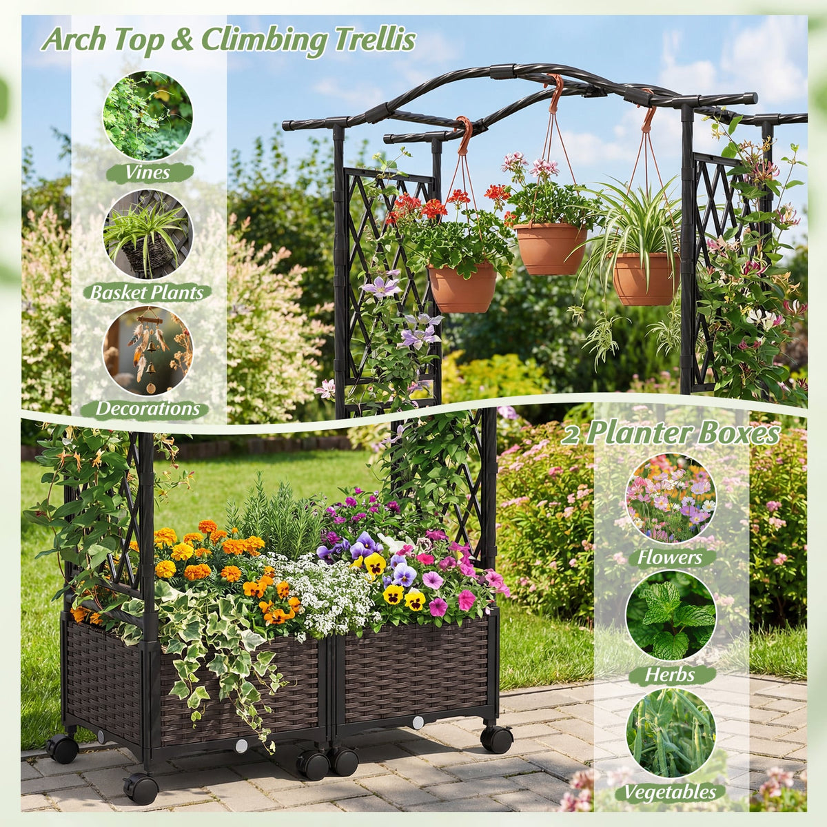 5 FT Tall Raised Garden bed with Lockable Wheels and Hanging Roof for Climbing Flowers-Brown-Raised Garden Beds-DECOROLALA