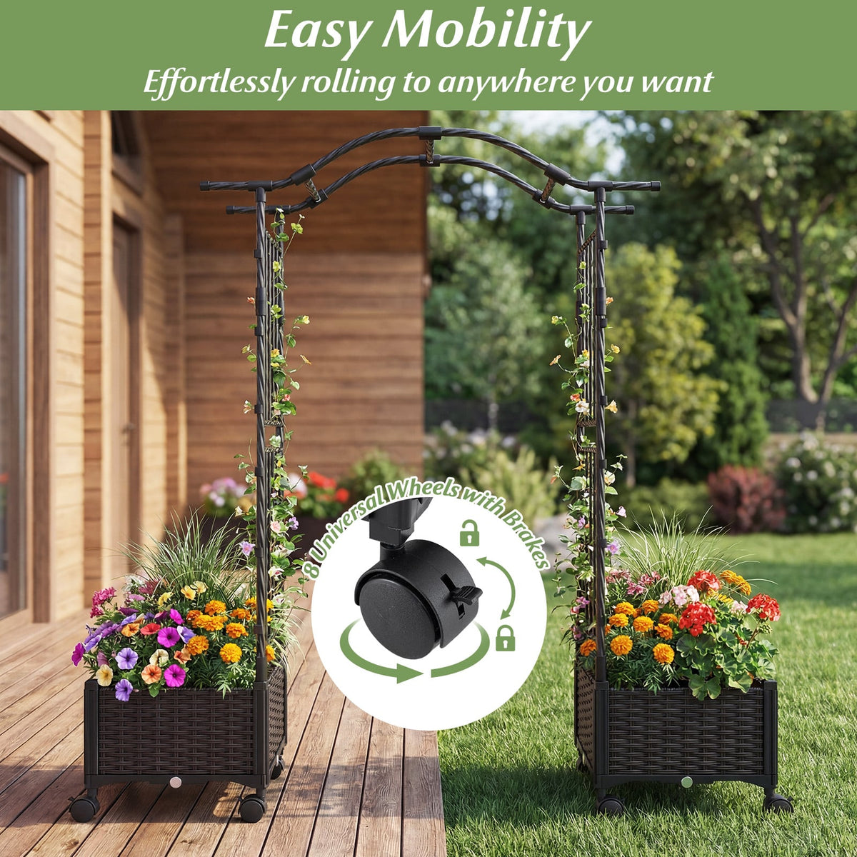 5 FT Tall Raised Garden bed with Lockable Wheels and Hanging Roof for Climbing Flowers-Brown-Raised Garden Beds-DECOROLALA