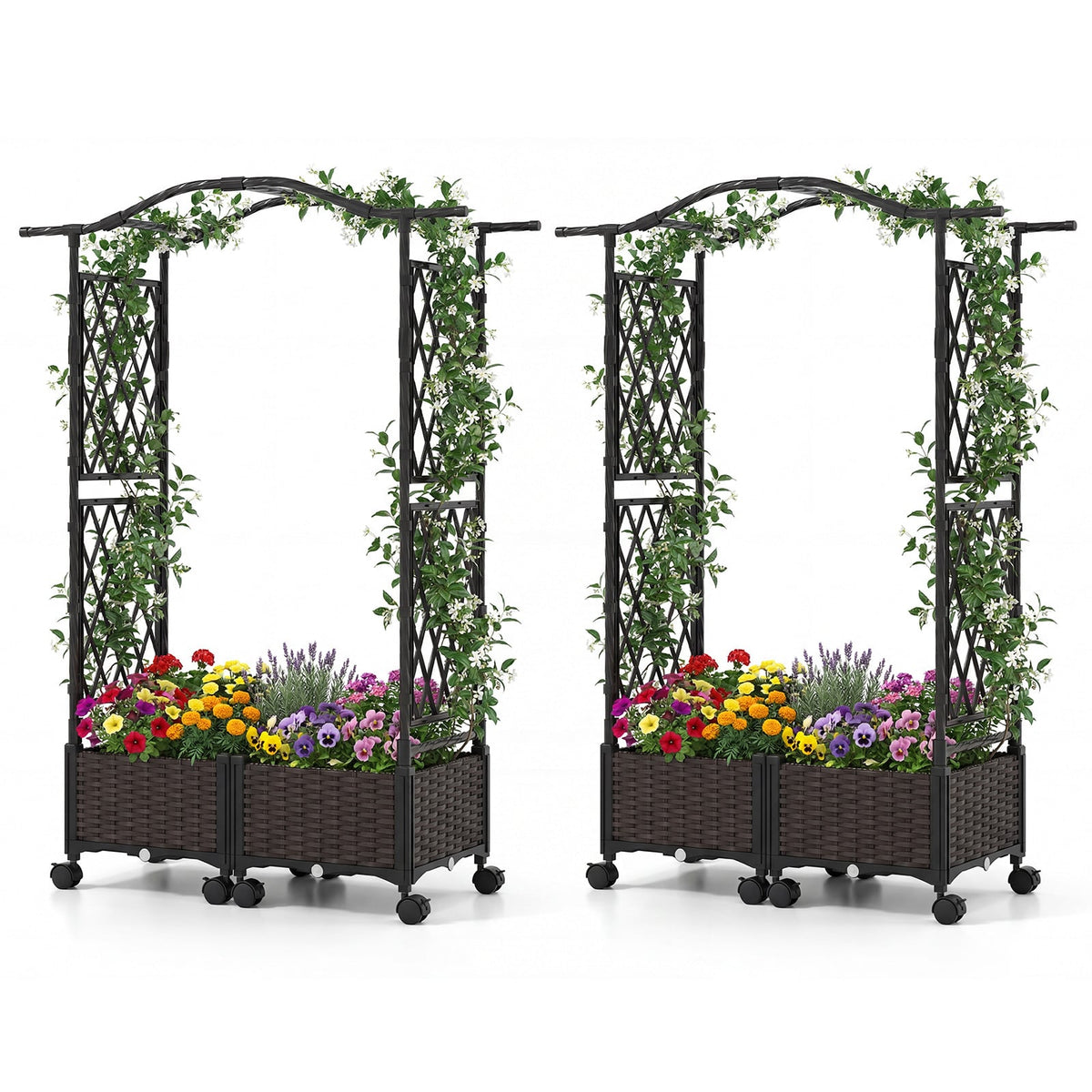 5 FT Tall Raised Garden bed with Lockable Wheels and Hanging Roof for Climbing Flowers-Brown-Raised Garden Beds-DECOROLALA