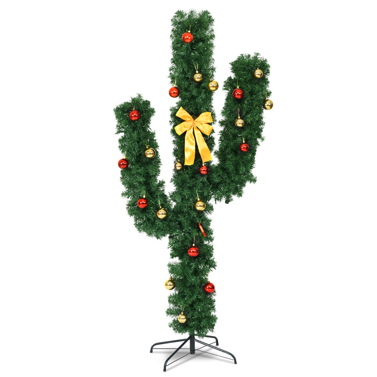 5 Feet Artificial Cactus PVC Christmas Tree with LED Lights and Ball Ornaments-5 ft-Christmas Trees-DECOROLALA