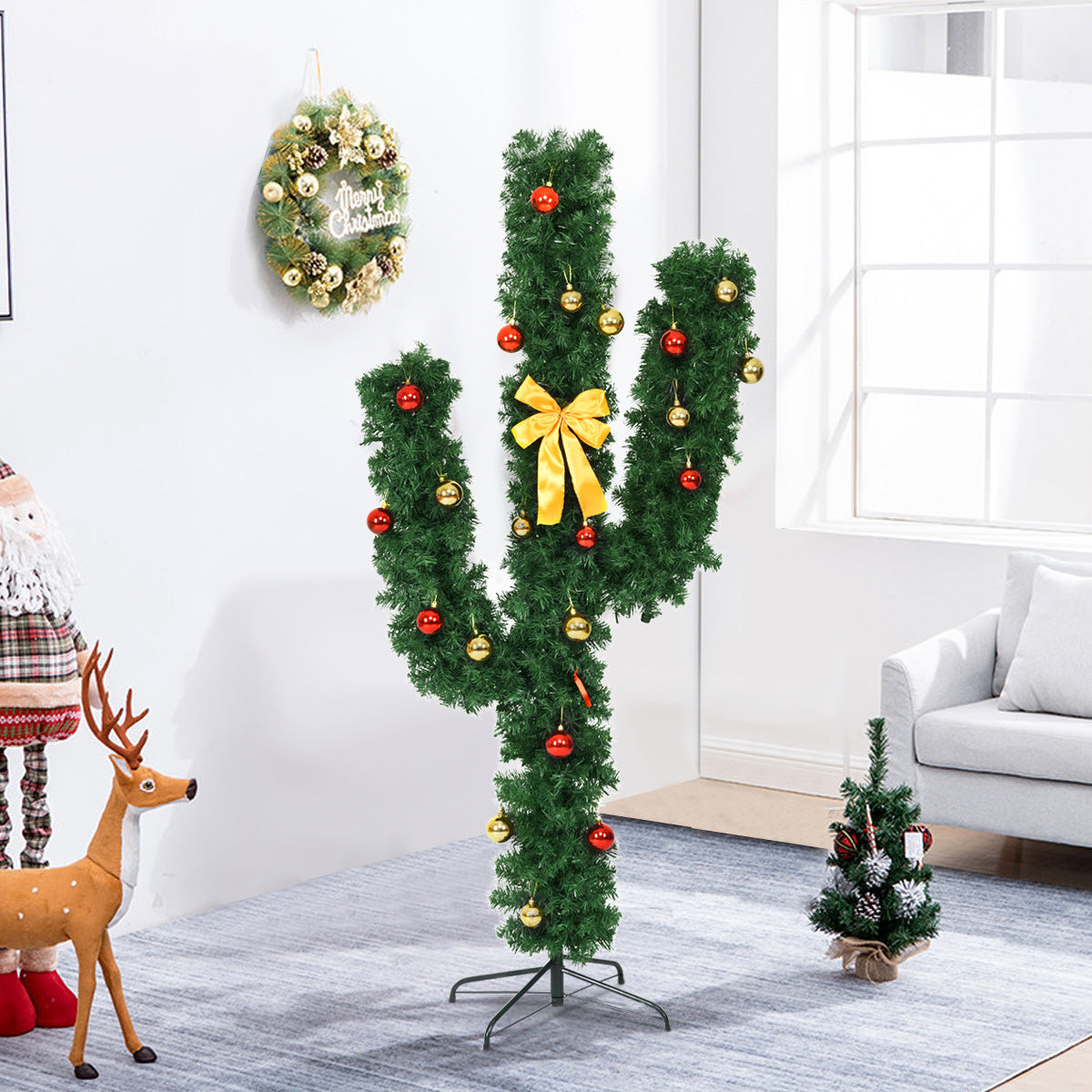 5 Feet Artificial Cactus PVC Christmas Tree with LED Lights and Ball Ornaments-5 ft-Christmas Trees-DECOROLALA