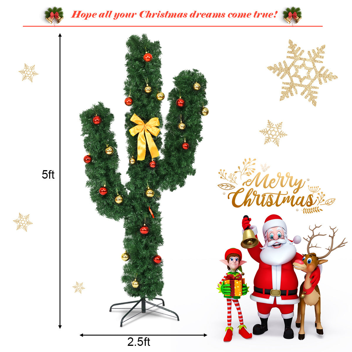 5 Feet Artificial Cactus PVC Christmas Tree with LED Lights and Ball Ornaments-5 ft-Christmas Trees-DECOROLALA