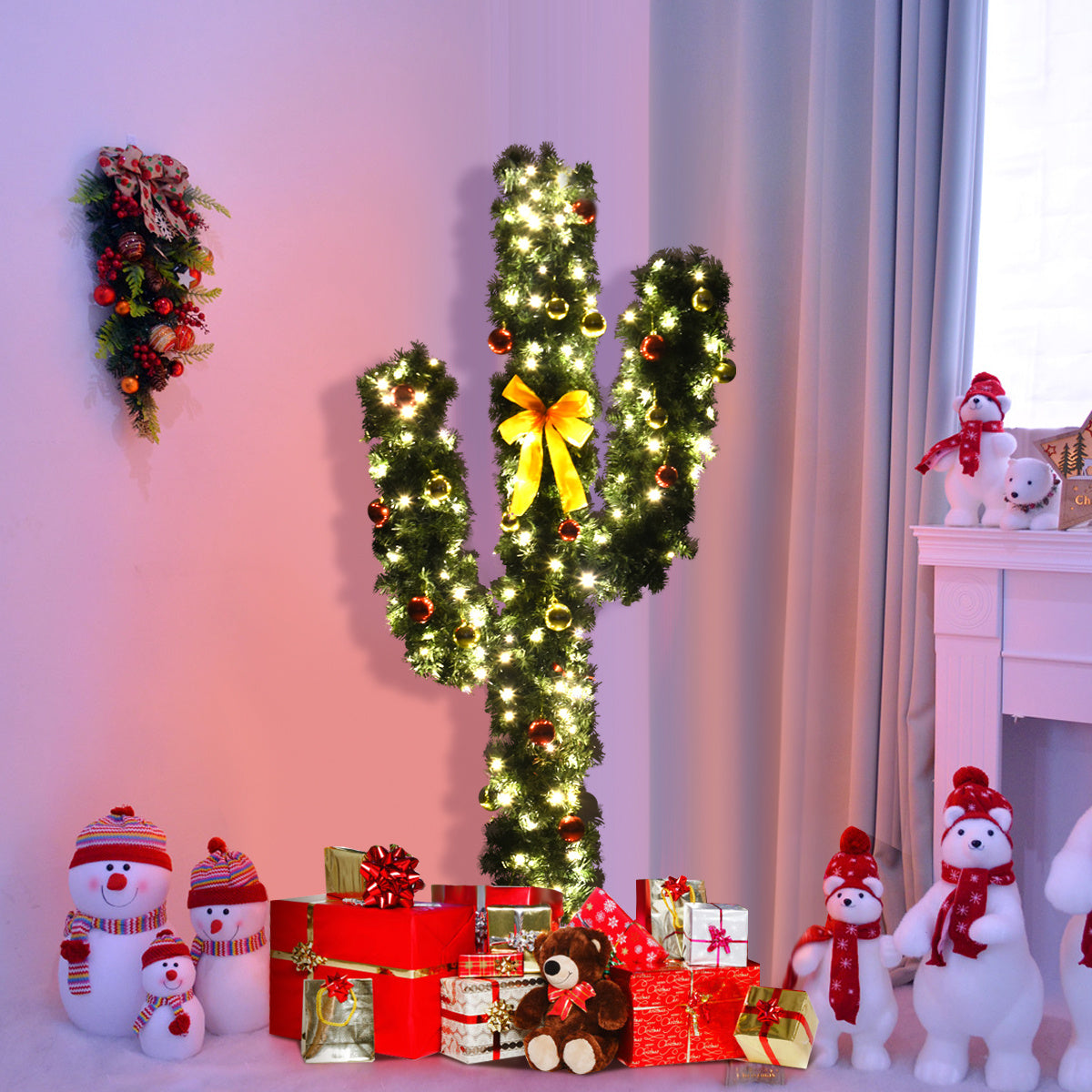 5 Feet Artificial Cactus PVC Christmas Tree with LED Lights and Ball Ornaments-5 ft-Christmas Trees-DECOROLALA