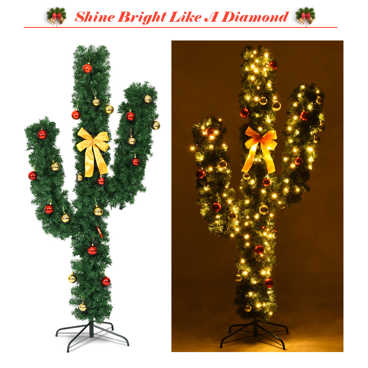 5 Feet Artificial Cactus PVC Christmas Tree with LED Lights and Ball Ornaments-5 ft-Christmas Trees-DECOROLALA