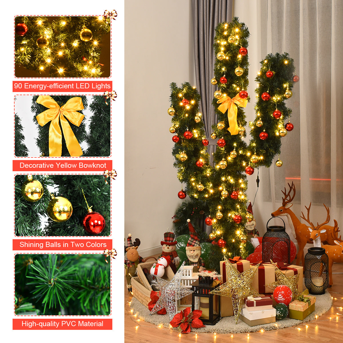 5 Feet Artificial Cactus PVC Christmas Tree with LED Lights and Ball Ornaments-5 ft-Christmas Trees-DECOROLALA