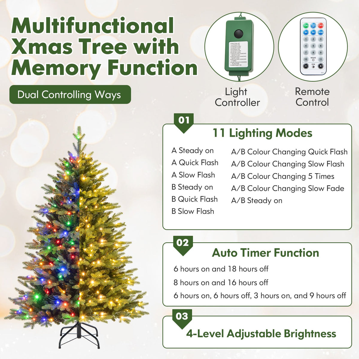 5 Feet Artificial Xmas Tree Hinged with 11 Lighting Modes and Remote Control-5 ft-Christmas Trees-DECOROLALA
