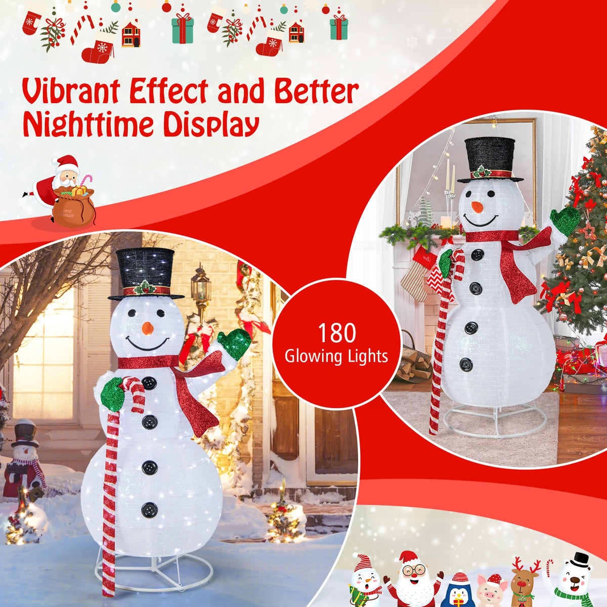 5 Feet Pop-up Christmas Snowman with 180 LED Lights-Christmas Decorations & Accessories-DECOROLALA