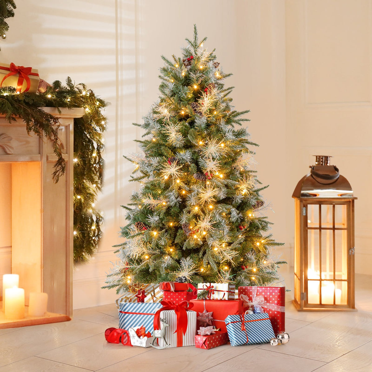 5 Feet Pre-Lit Artificial Christmas Tree with 8 Modes LED Lights with Berries-Christmas Trees-DECOROLALA