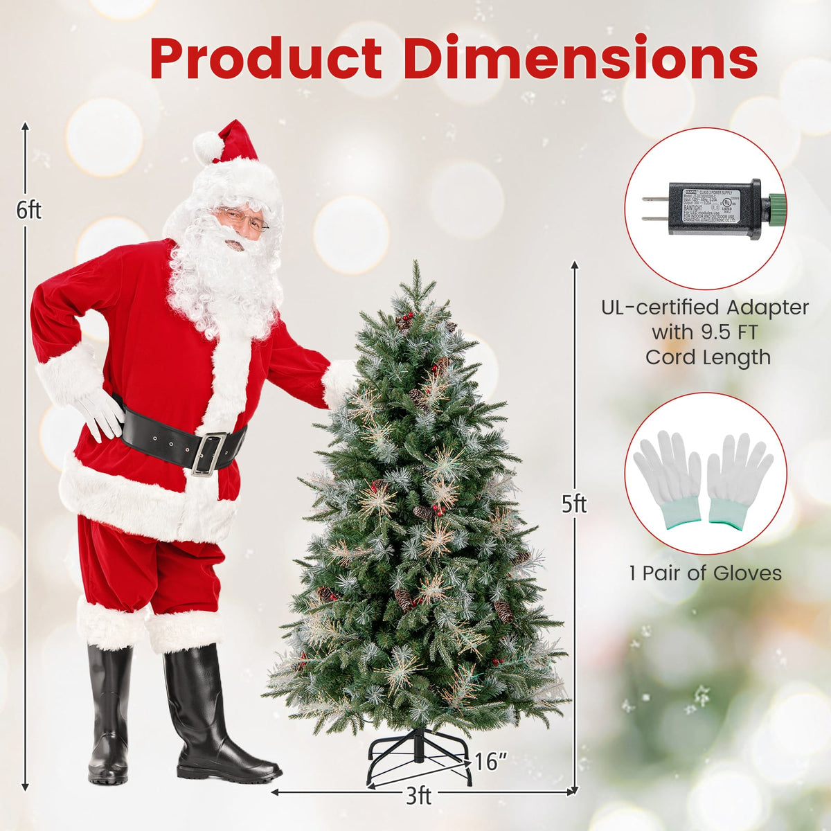 5 Feet Pre-Lit Artificial Christmas Tree with 8 Modes LED Lights with Berries-Christmas Trees-DECOROLALA
