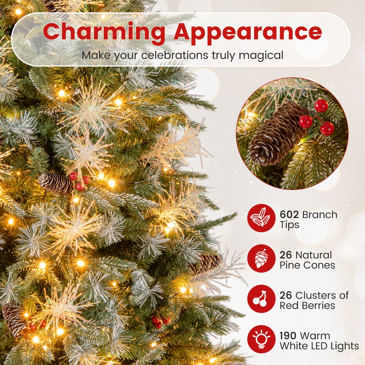 5 Feet Pre-Lit Artificial Christmas Tree with 8 Modes LED Lights with Berries-Christmas Trees-DECOROLALA