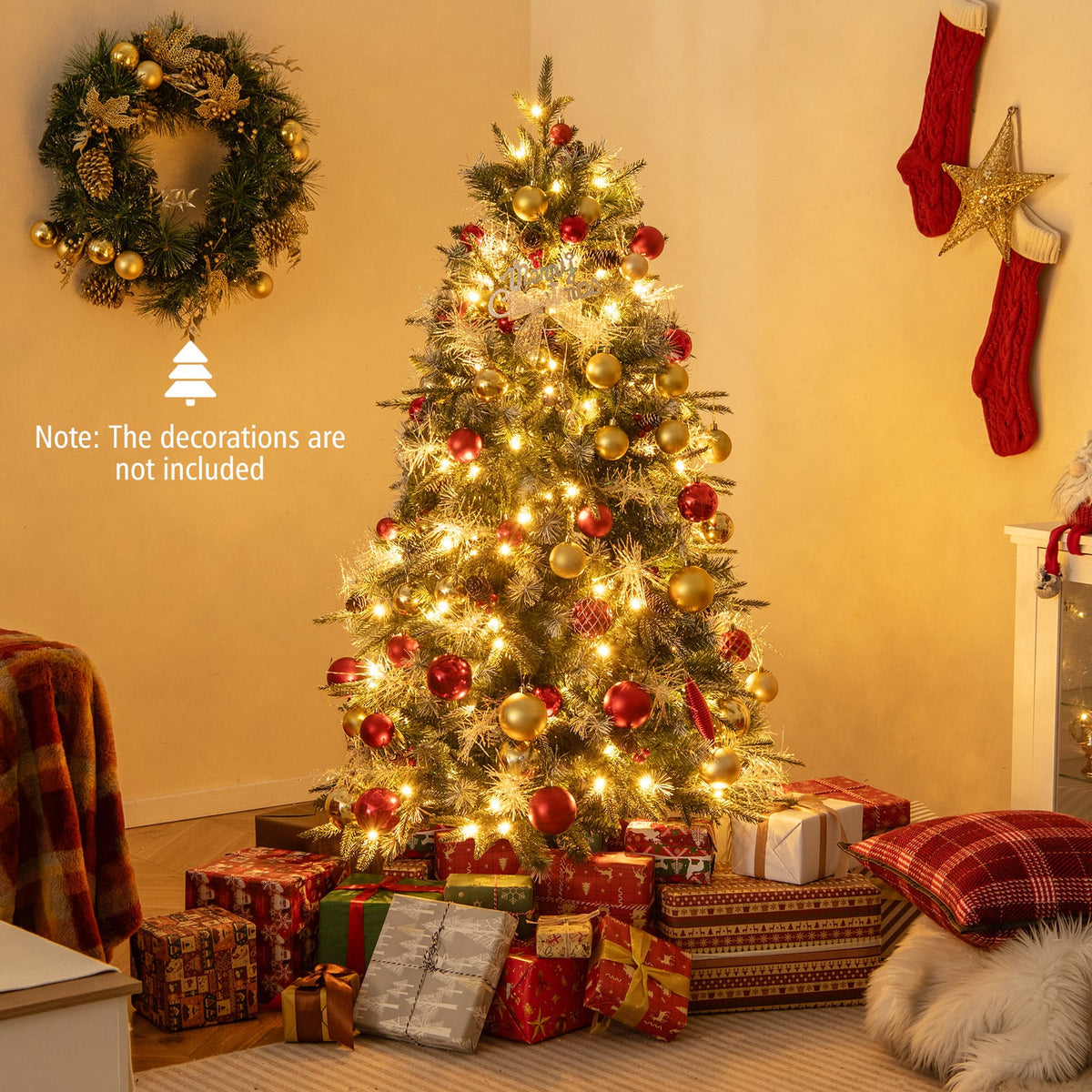 5 Feet Pre-Lit Artificial Christmas Tree with 8 Modes LED Lights with Berries-Christmas Trees-DECOROLALA