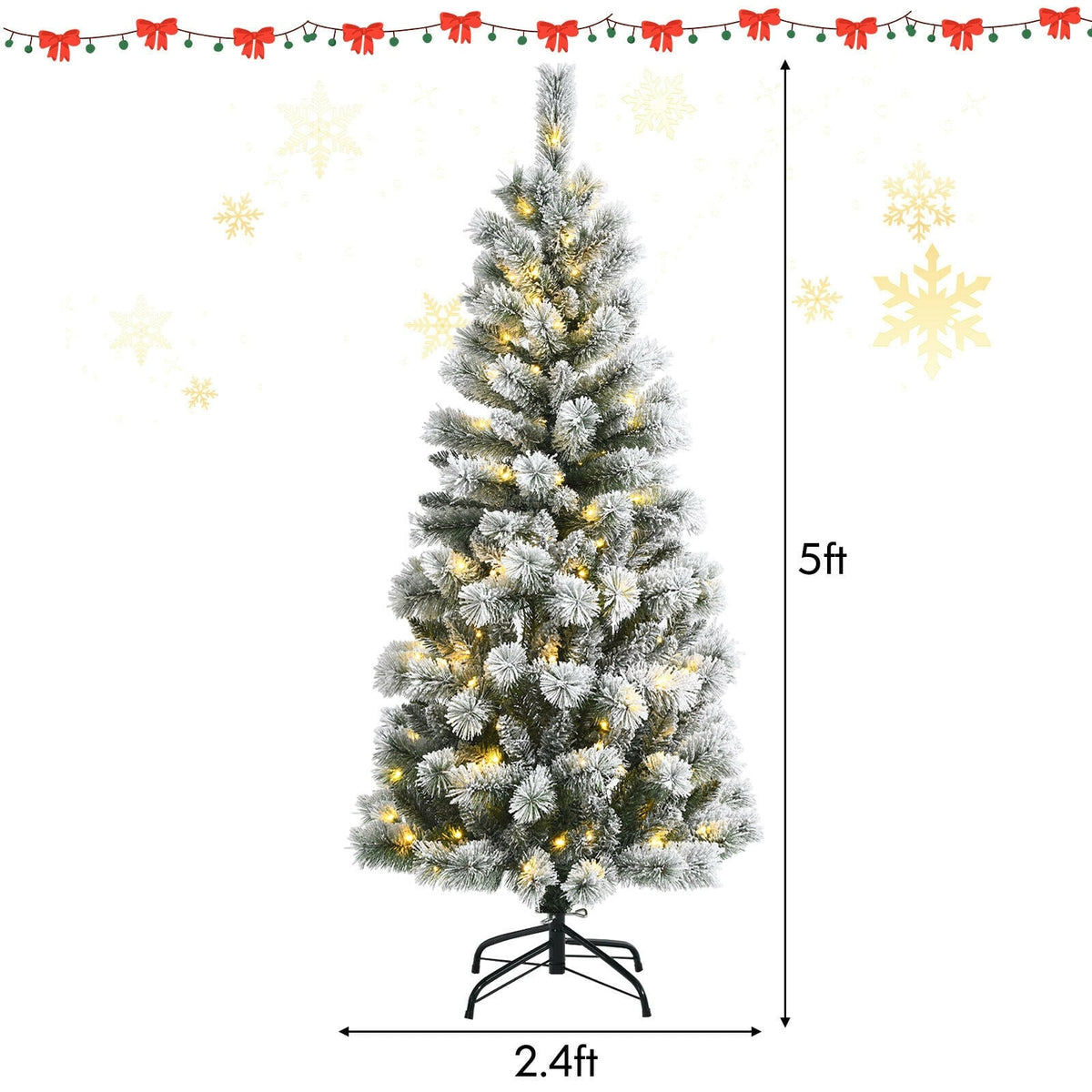 5 Feet Pre-Lit Hinged Christmas Tree Snow Flocked with 9 Modes Remote Control Lights-Christmas Trees-DECOROLALA
