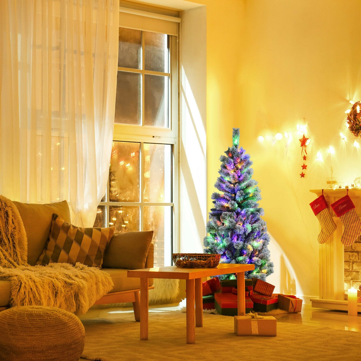 5 Feet Pre-Lit Hinged Christmas Tree Snow Flocked with 9 Modes Remote Control Lights-Christmas Trees-DECOROLALA