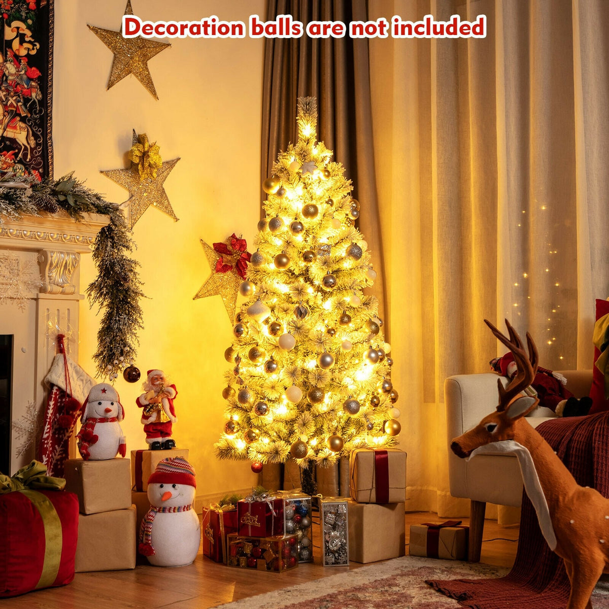 5 Feet Pre-Lit Hinged Christmas Tree Snow Flocked with 9 Modes Remote Control Lights-Christmas Trees-DECOROLALA