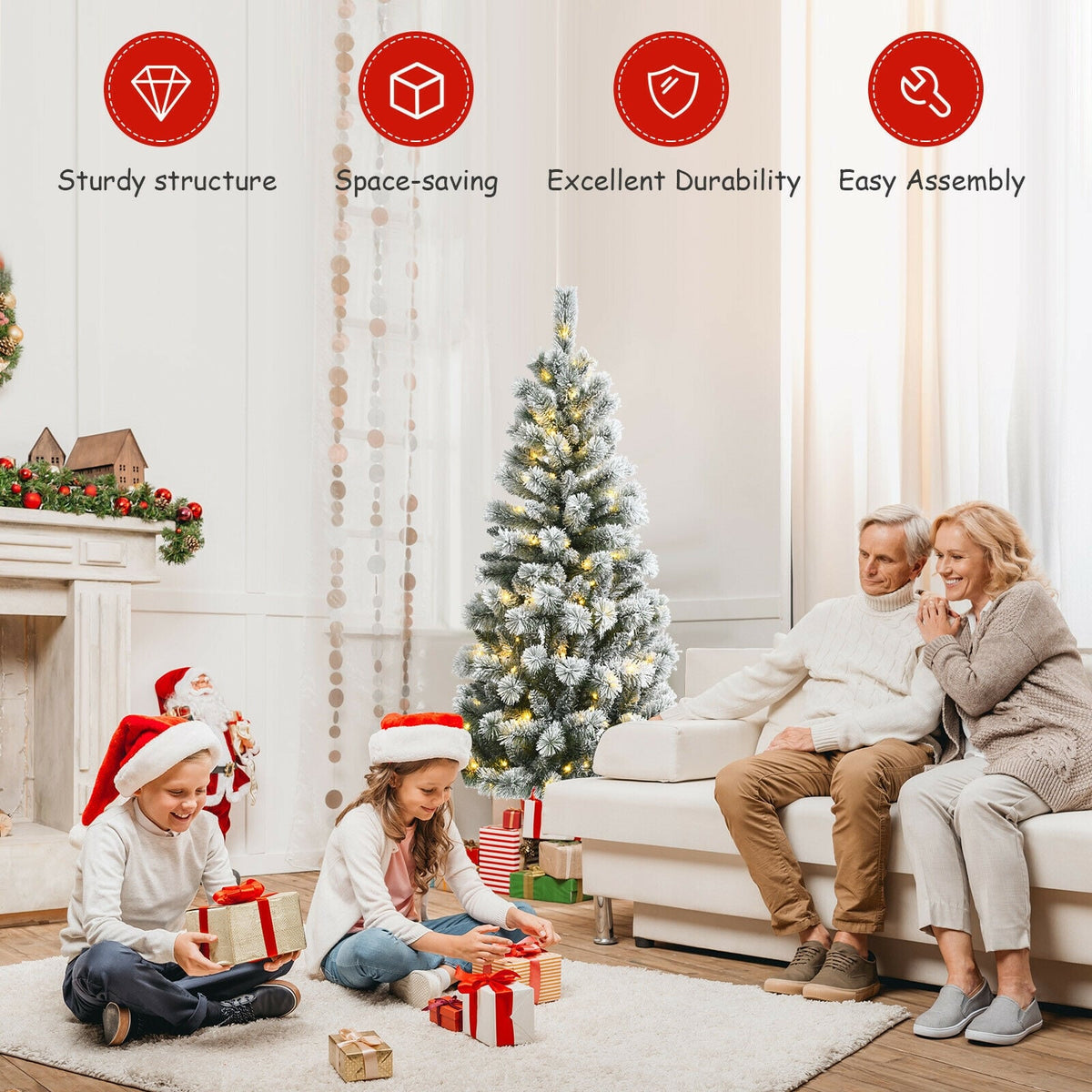 5 Feet Pre-Lit Hinged Christmas Tree Snow Flocked with 9 Modes Remote Control Lights-Christmas Trees-DECOROLALA