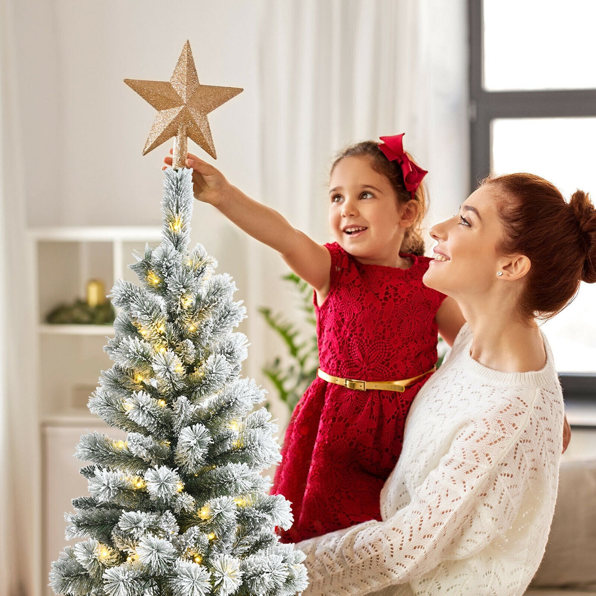 5 Feet Pre-Lit Hinged Christmas Tree Snow Flocked with 9 Modes Remote Control Lights-Christmas Trees-DECOROLALA